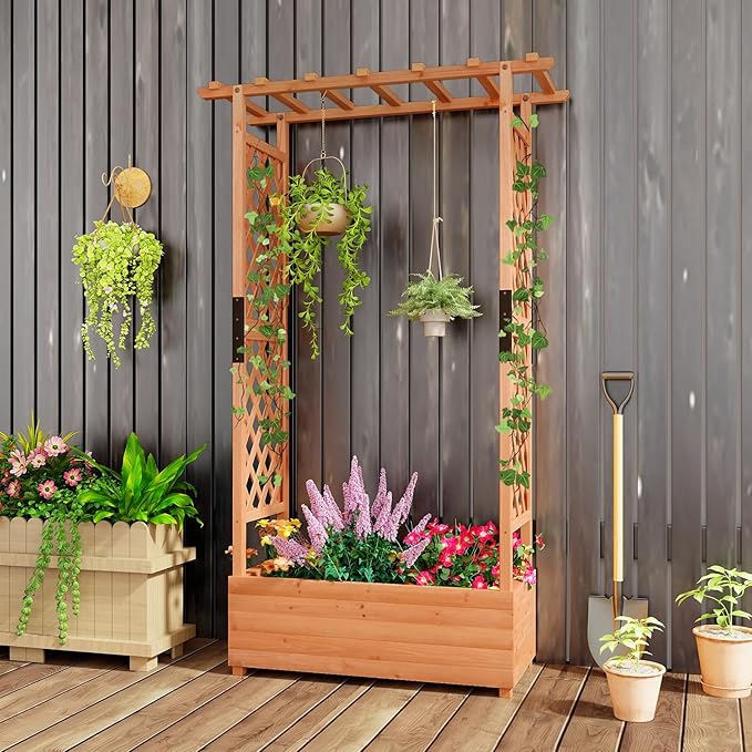 Giantex 2 Pcs Raised Garden Bed with Trellis & Hanging Roof, Wood Planter Box with Bottom & Drainage Holes, Freestanding Garden Planter for Flower Vegetable Fruit Herb Climbing Vines, 43.5"x17.5"x72"