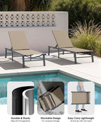 Foldable Outdoor Lounge Chair, No Assembly Patio Chaise Lounge Outdoor with 5-Positions, Aluminum Pool Lounge Chair with Portable Design for Pool, Beach, Deck, Backyard, Khaki