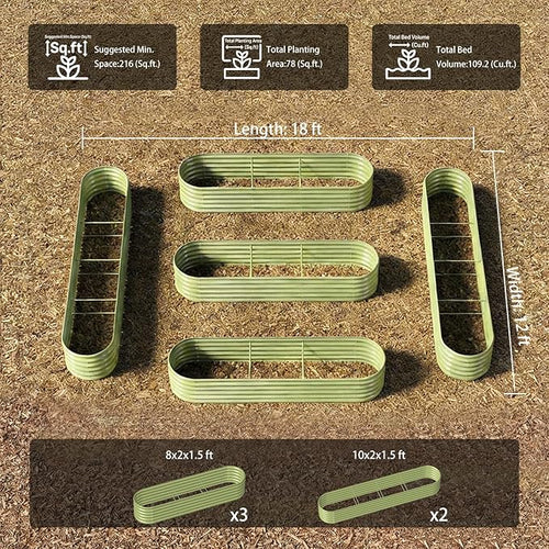 5-Pack 18” Tall Galvanized Raised Garden Beds – Everyday Kitchen Garden Layout, Fits 200 Sq Ft Patio or Backyard, 10x2x1.5 ft & 8x2x1.5 ft Metal Flower Bed for Herbs Vegetable - Sand Beige