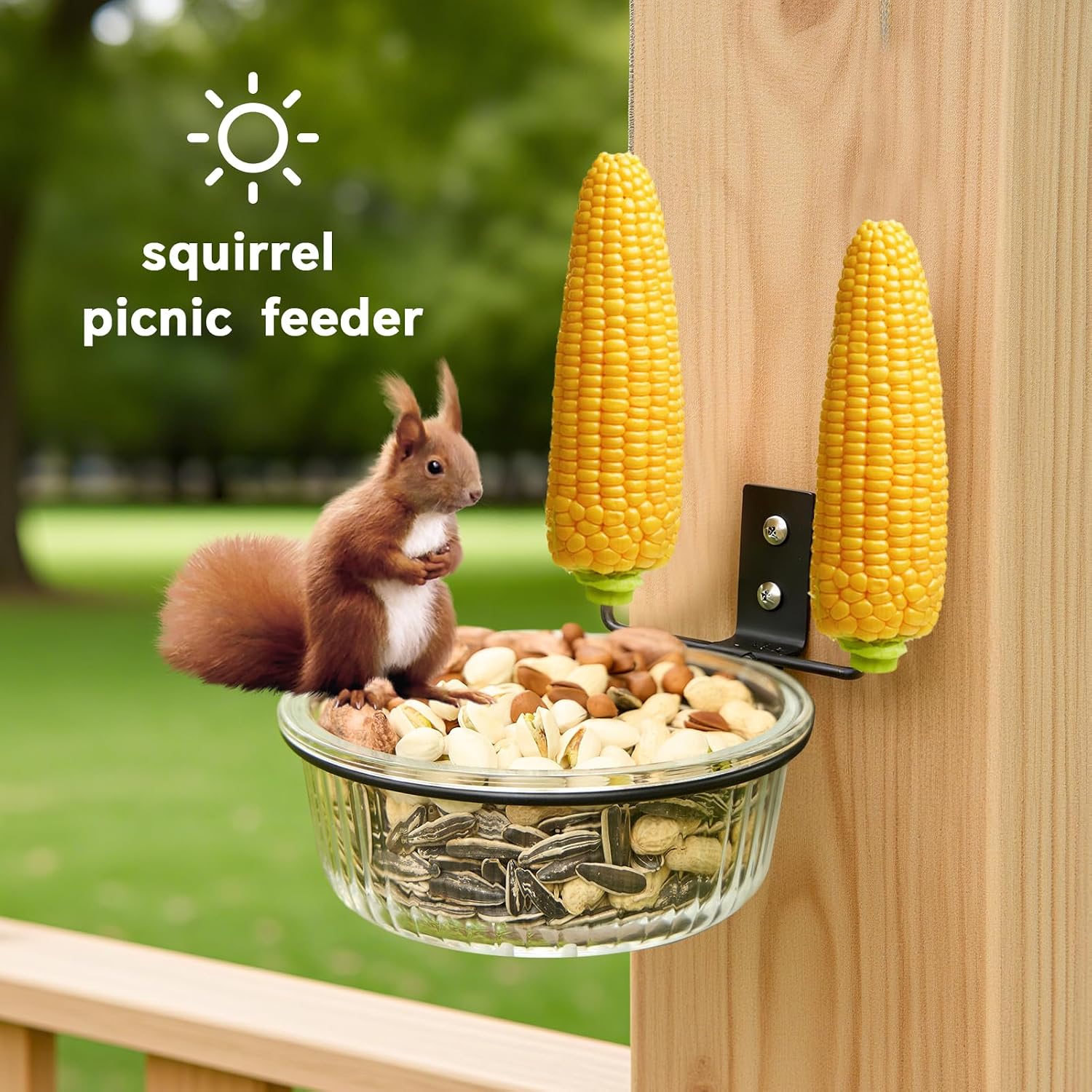 Tree Fence Squirrel Feeder, Outdoor Wild Squirrel Bird Wild Table, Backyard Transparent Glass Chipmunk Feeder, Strong and Ornamental, with Drainage Holes and Corn Support Squirrel Feeder