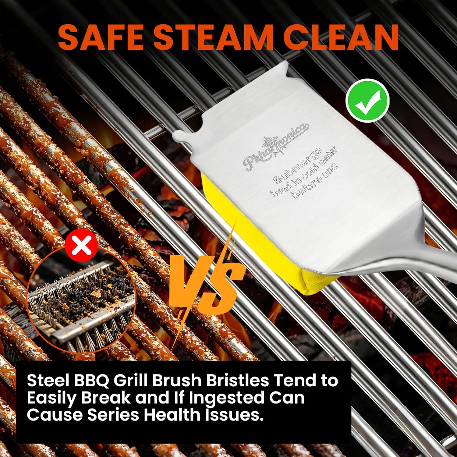 Grill Brush for Outdoor Grill, Bristle Free Grill Brush with Scraper | Safe Steam Grill Cleaner for BBQ&Griddle, Long Rosewood Handle Reaches Corners,for Porcelain,Cast Iron&Stainless Steel Grates