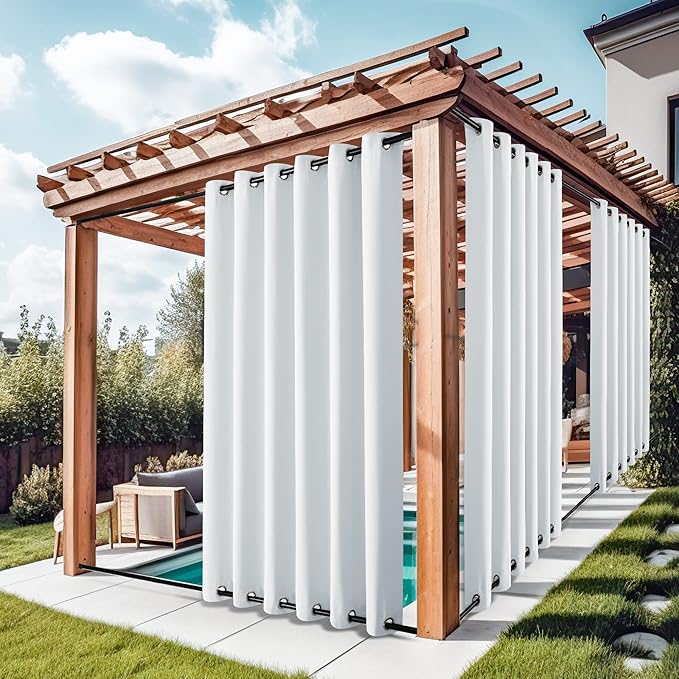 NICETOWN 2 Panels Patio Curtains Outdoor Waterproof W84 x L108, Rustproof Top & Bottom Grommet Room Darkening Weighted Windproof Outdoor Privacy Thermal Insulated Blinds for Pool, Greyish White