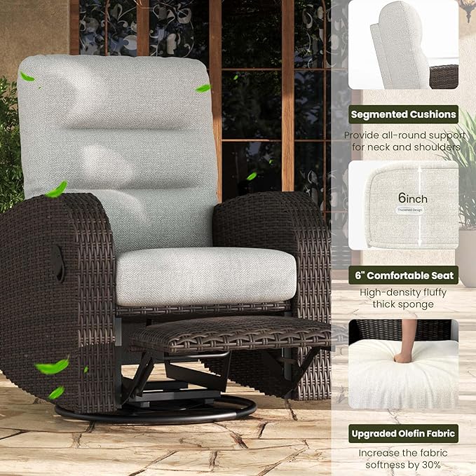 LayinSun Oversized Wicker Outdoor Swivel Glider Recliner with Adjustable Backrest & Footrest, Patio Reclining Lounge Chair - Set of 2