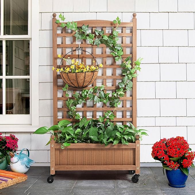 Yaheetech 2pcs 50" H Raised Garden Bed with Trellis & Wheels Standing Vertical Horticulture Planter Box for Vine Climbing Plants, Flowers, Herbs Brown