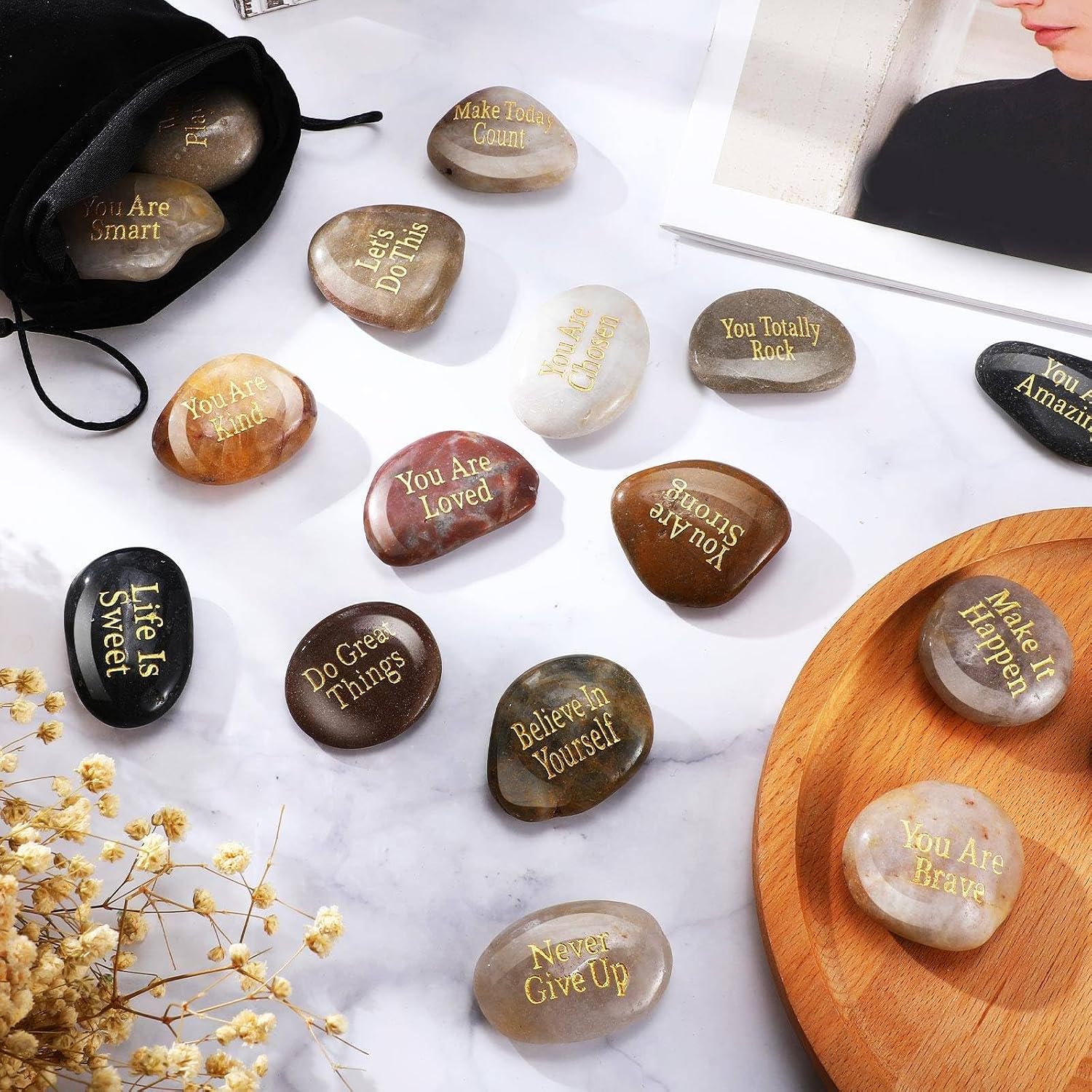 30 Pcs Inspirational Stones Encouragement Words Engraved Rocks | Bulk Garden Stepping Stone, Outdoor Scripture Gift, for Coworkers, Friends, Family, 1"-2" Each