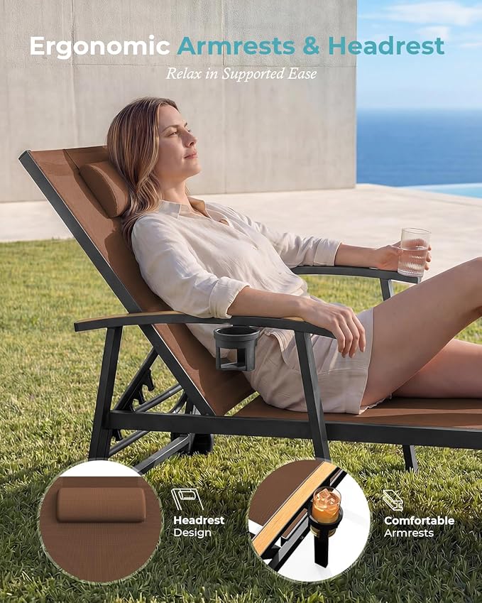 Ciokea Outdoor Lounge Chair with Pillow, 5-Position Aluminum Chaise Lounge with Wheels & Armrests, 400 lbs Heavy Duty Patio Pool Chair for Deck, Backyard, Beach & Poolside, Brown