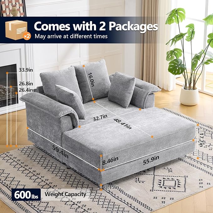 VINGLI Modern Floating Chaise Lounge Chair with Acrylic Legs, Upholstered Cushion Deep Seat Lounge Sofa with Iron-Wood KD Frame, Pillow Armrest, Accent Chair for Living Room, Play Room Apartment