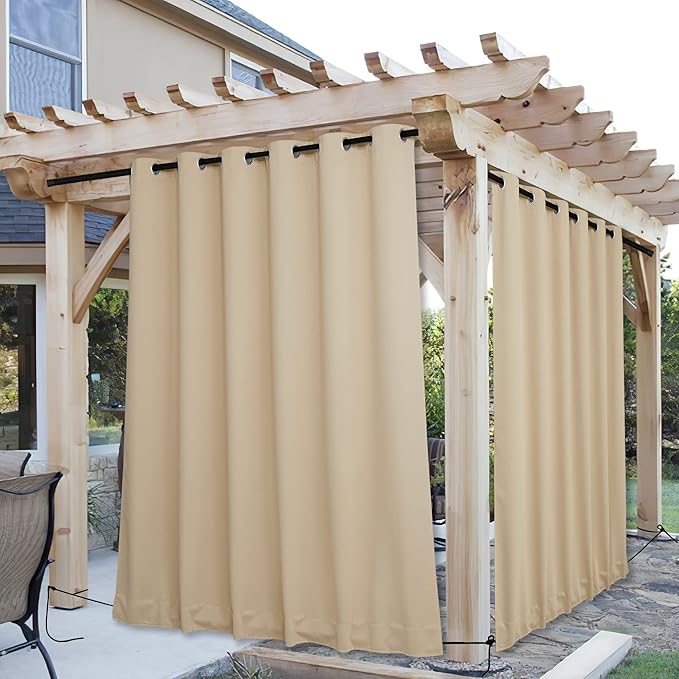 NICETOWN 2 Panels Weighted Blackout Curtains for Patio Waterproof, Top & Bottom Grommet & Back Tab Fixed Outdoor Curtains Windproof Drapes Thermal Insulated for Porch, W84 x L95, Biscotti Beige