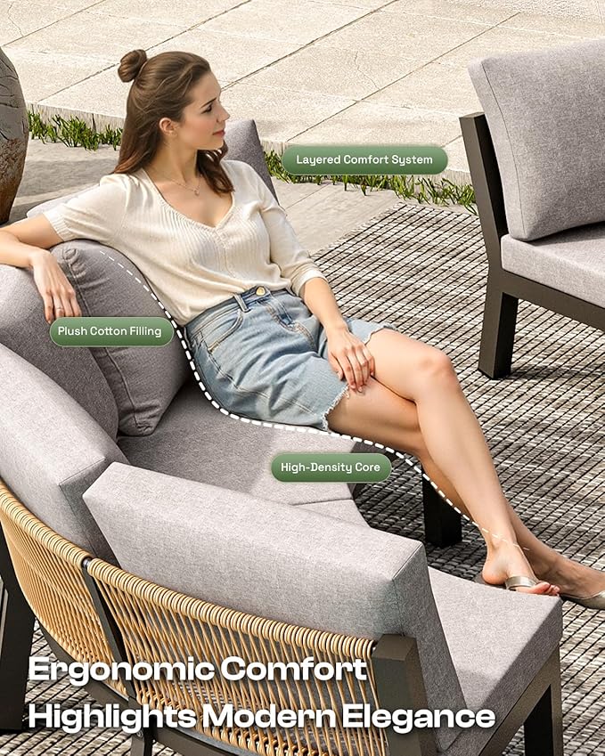 Outdoor Patio Sectional Modular Sofa, Aluminum 1 Piece Curved Patio Couch with Washable Cushions, All Weather PE Rope Sofa for Backyard,Porch, Deck, Poolsid, Gray