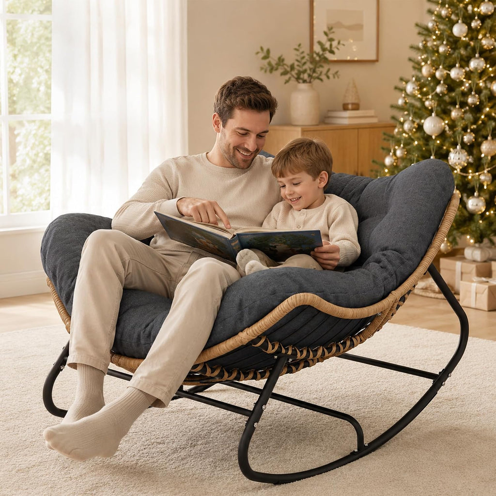 Papasan Rocking Chair, Outdoor Wicker Egg Rocker with Cushion, Grey | Comfy Oversized Reading Chair, Cozy 30°-Rock Bed with 6" Cushion, Steel Frame 450LBS Capacity for Patio Porch Lawn