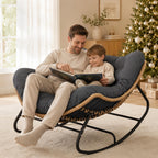 Papasan Rocking Chair, Outdoor Wicker Egg Rocker with Cushion, Grey | Comfy Oversized Reading Chair, Cozy 30°-Rock Bed with 6" Cushion, Steel Frame 450LBS Capacity for Patio Porch Lawn