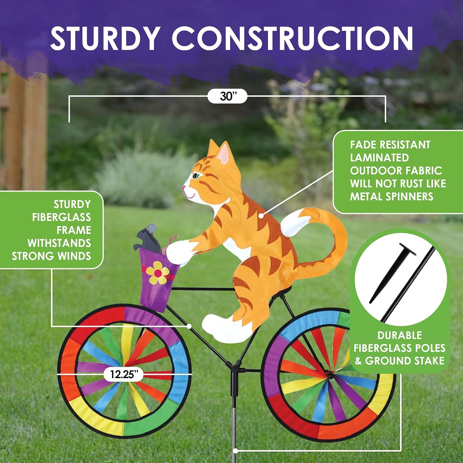 Bike Spinner Kitty 30" – Playful Feline Design, Weather-Resistant Outdoor Decor, Durable & Lightweight for Patios, Yards, and Gardens - Eye-Catching Wind Spinner with Rotating Wheels