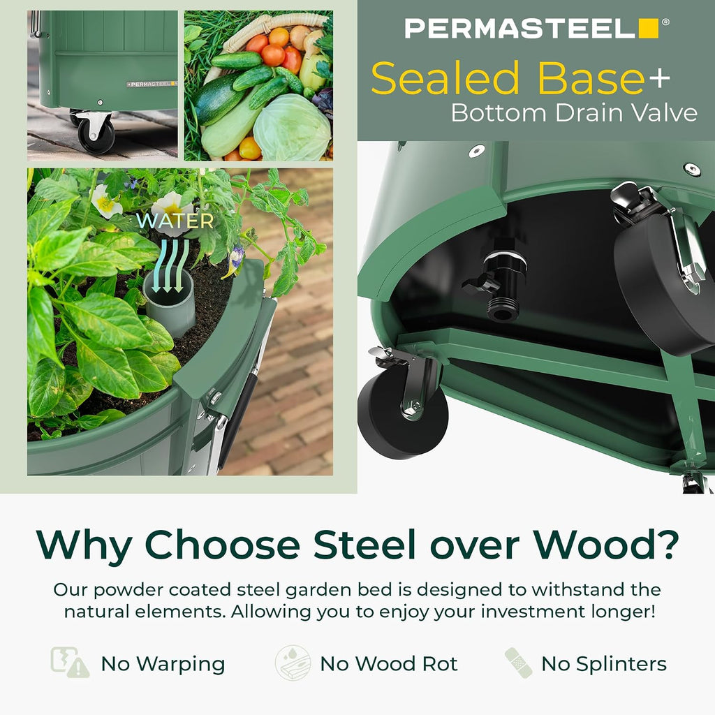 permasteel self-watering garden bed, rolling planter for vegetables showing dimensions
