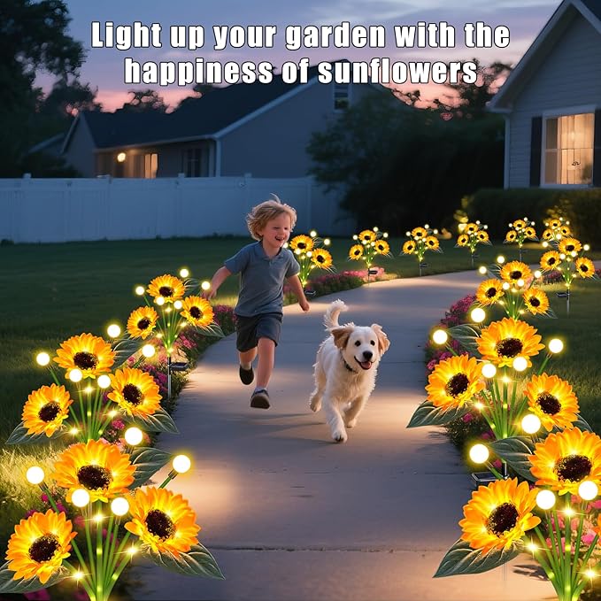 Sunflower Solar Lights Outdoor Garden Decor,Upgraded 4 Pack Solar Sunflowers with Firefly Lights Waterproof,Gifts for Mom Women Grandma,Garden Decor for Outside Yard Patio Pathway Lawn