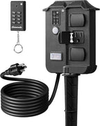 DEWENWILS Outdoor Power Stake Timer Waterproof, 6 Grounded Outlets, 6FT Extension Cord, 100FT Wireless Remote Control, Photocell Dusk to Dawn Timer for Lights, Yard, Garden, UL Listed