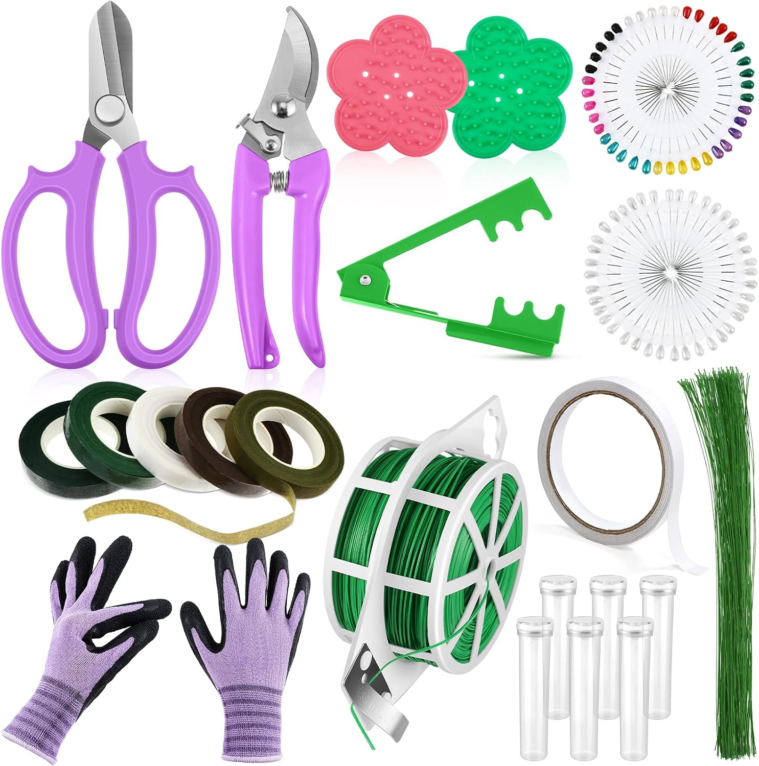 WILLBOND 121 Pcs Floral Arrangement Tool Kit, Rose Thorn Remover Pruner Trimmer Gloves 22/26 Gauge Paddle Tie Stem Pearl Corsage Pin Pruning Shears, Florist Tool Gift for Women