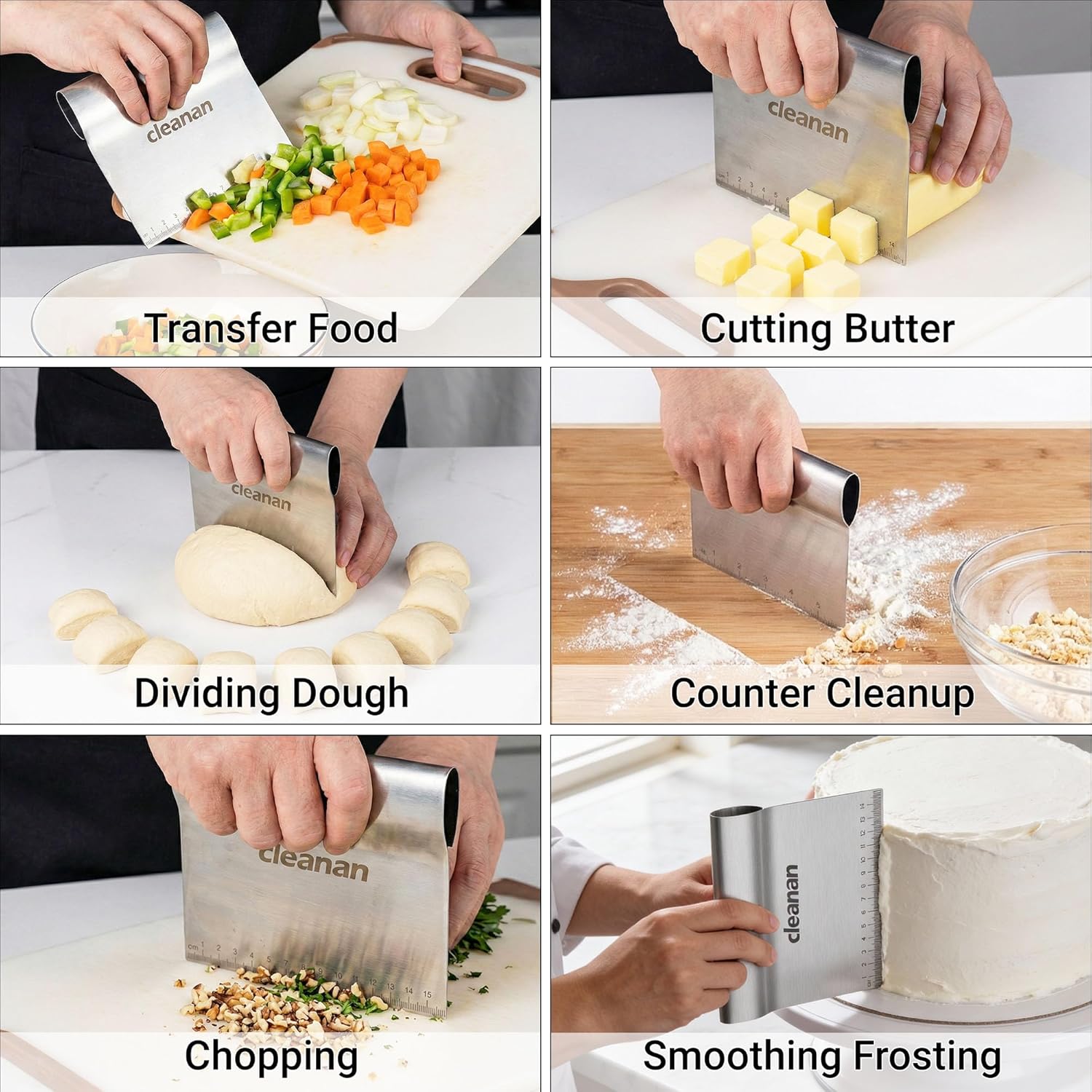 Bench Scraper Kitchen & Dough Scraper Tool - Stainless Steel Multi-Purpose Scraper & Chopper with Laser-Etched Metric Scale - Heavy Duty Pastry Cutter & Griddle Tool for Bread, Pizza & Baking