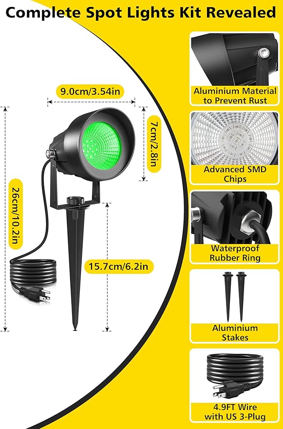 T-SUN Green Spotlight Outdoor, Waterproof LED Landscape Lighting with US Plug, Easy Install 270° Adjustable Outdoor Spot Lights for Garden Tree Yard Decor, 6 Pack