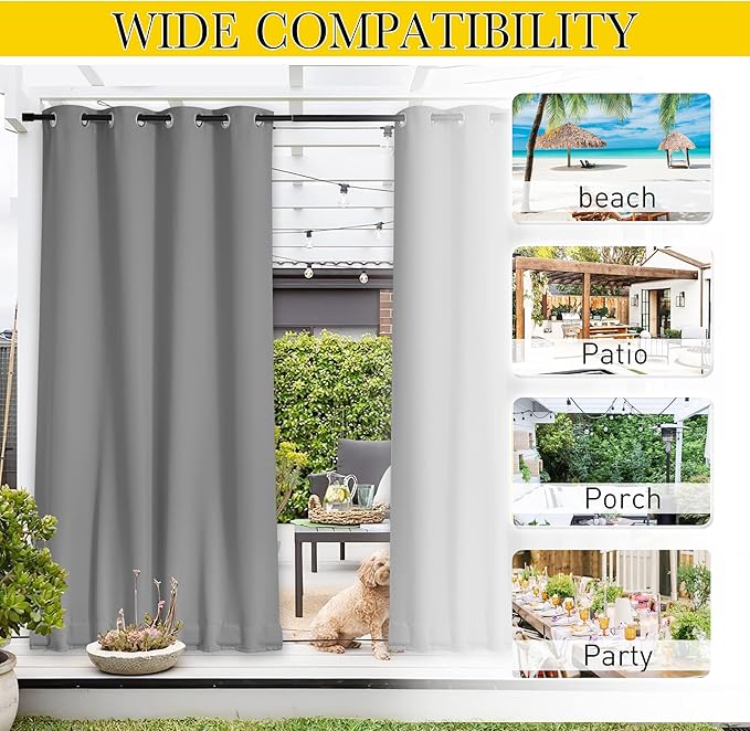 NICETOWN 2 Panels Weighted Outdoor Curtains for Patio Waterproof, Top & Bottom Grommet & Back Tab Fixed Outdoor Curtains Windproof Drapes Thermal Insulated for Gazebo, W84 x L84, Light Grey