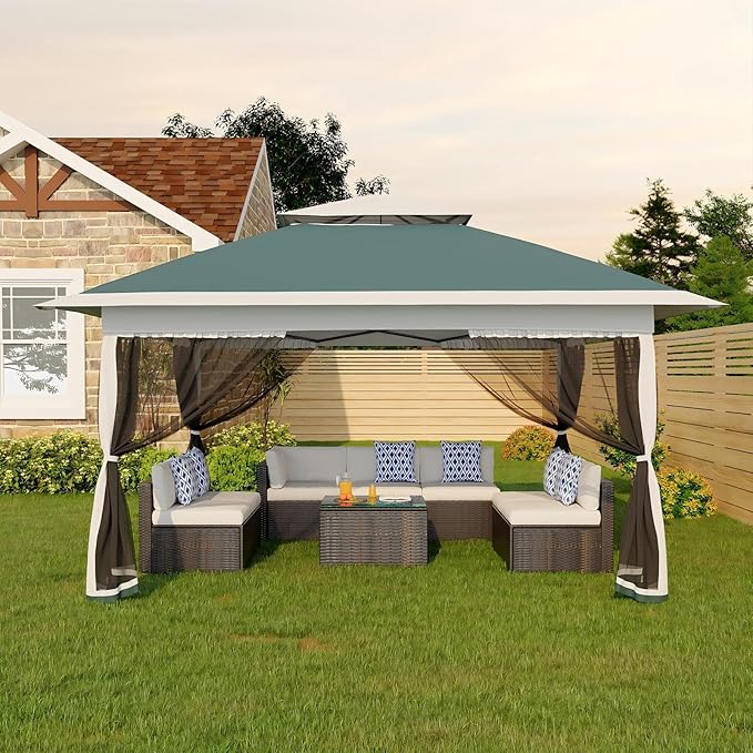 Canopy Tent 13x13 ft, Pop Up Gazebo One-Push Setup with 4 SandBags for Backyard Parties and BBQs, Mosquito Netting & Height Adjustable - Green