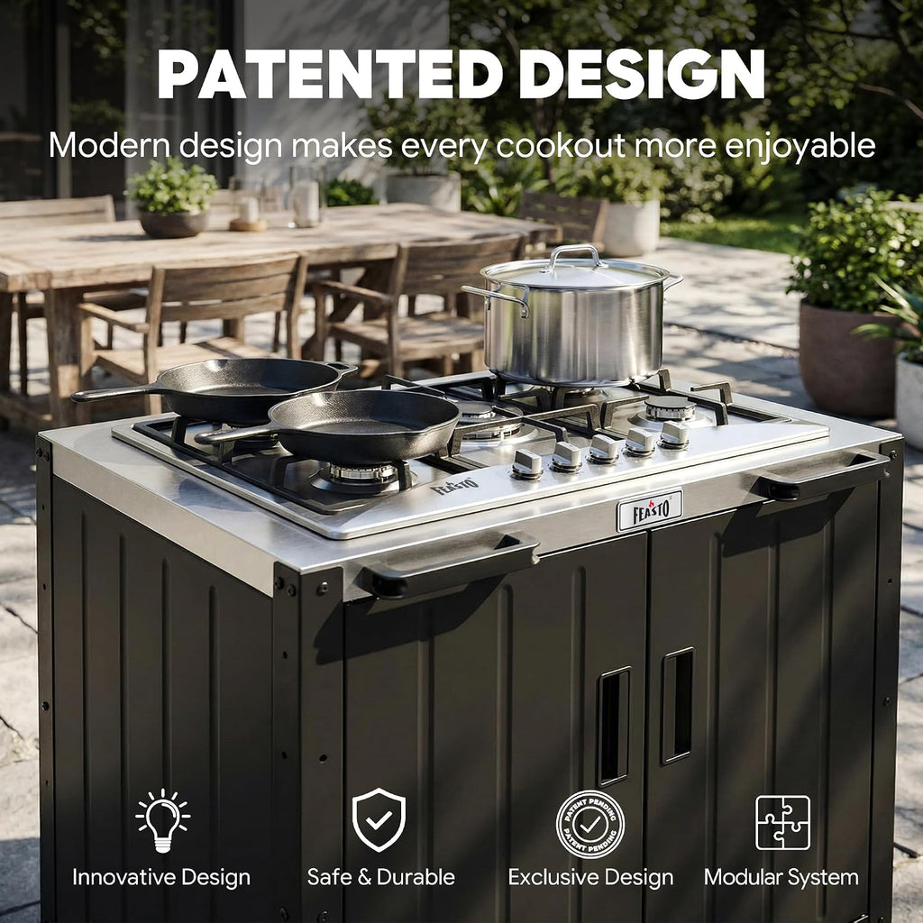 feasto modular outdoor kitchen island with 5-burner gas showing dimensions