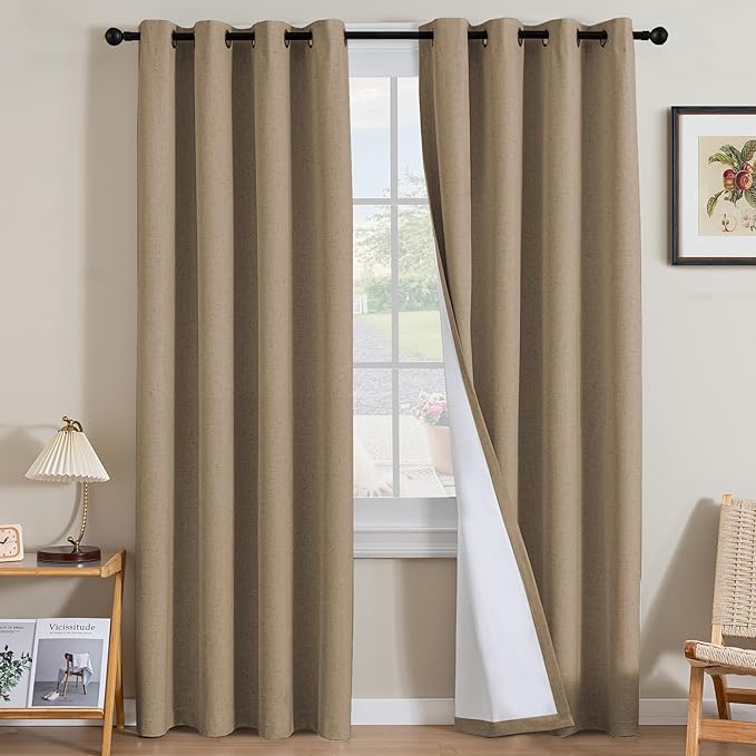 H.VERSAILTEX Linen Curtains 100% Blackout Curtains for Bedroom 108 inch Long Full Light Blocking Nature Linen Blended Window Curtains for Living Room Nickel Grommet (2 Panels, Heathered Macchiato)