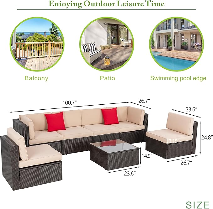Vongrasig 7 Pieces Patio Furniture Sets, Outdoor Modular Sectional Sofa Patio Conversation Set PE Rattan Wicker Sectional Couch with Cushion, Glass Table for Patio, Garden, Poolside, Beige