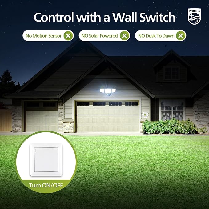 Philips 72W 7400LM LED Flood Lights Outdoor, Switch Controlled Aluminum Security Lights, 3 Adjustable Heads, Wall Mount, 5000K Daylight, Waterproof for Yard, Garage (2 Packs)