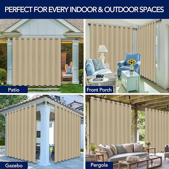 PureFit Outdoor Curtains for Patio Waterproof Weatherproof, UV Resistant Outside Curtains for Gazebo, Front Porch, Pergola, Sun Blocking Privacy Curtain, 150W x 95L inch, 1 Panel, Beige