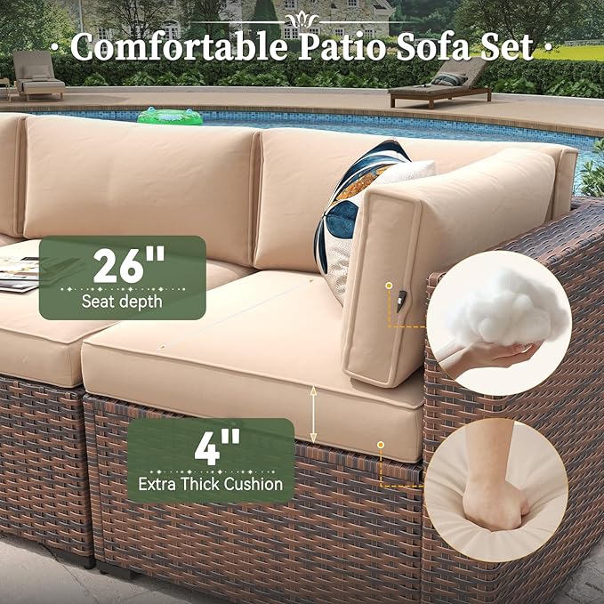 Aoxun 11 Piece Patio Furniture Set Wicker Rattan Patio Conversation Set Outdoor Sectional Sofa Set with Coffee Table and Thickened Cushions, Beige(Waterproof Cover Included)
