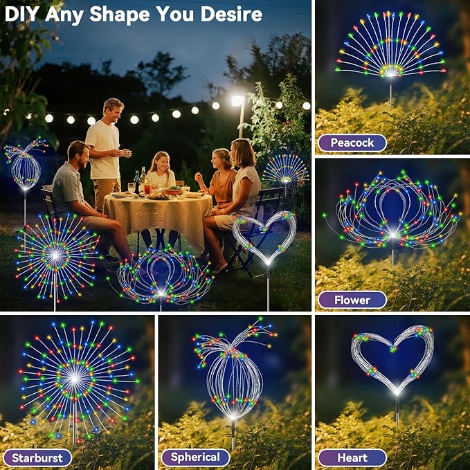 Garden Outdoor Lights, 2 Pack 120 LED Solar Garden Lights Fairy Lights Outdoor Waterproof Decorative Solar Firework Lights for Yard Patio Pathway Flowerbed Party Wedding Decor, Multicolor