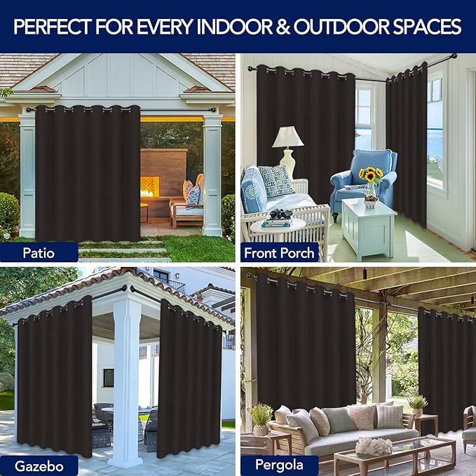 PureFit Outdoor Curtains for Patio Waterproof Weatherproof, UV Resistant Outside Curtains for Gazebo, Front Porch, Pergola, Sun Blocking Privacy Curtain, 100W x 108L inch, 1 Panel, Chocolate