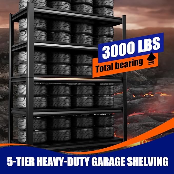 71" H-46 W Garage Shelving Heavy Duty Storage Shelves, Metal Adjustable Shelving Unit, Utility Garage Organizer Shelf for Basement, Pantry, Kitchen, Warehouse, 20" D x 46" W x 71.2" H, Black
