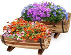 Solid Acacia Wood Half Barrel Planters Outdoor Set of 2 Different Sizes, Wooden Planters for Outdoor Plants with Metal Bands & Drainage Holes, Legs Included, Natural