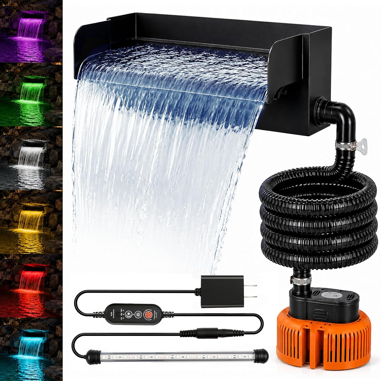 All-in-1 Pond Waterfall Spillway Kit, 12" Stainless Steel | 304 stainless steel spillway, 660 GPH pump, 8 ft lift, easy setup, steady flow, quiet, 10 FT hose, for pond, garden, backyard