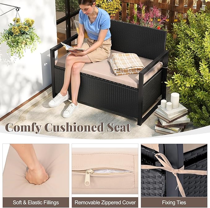 Tangkula 40 Gallon Outdoor Bench with Storage, Patio Wicker Storage Bench with Cushion, Cover, Metal Frame, Deck Box Seat for Backyard, Poolside, Balcony, Garden
