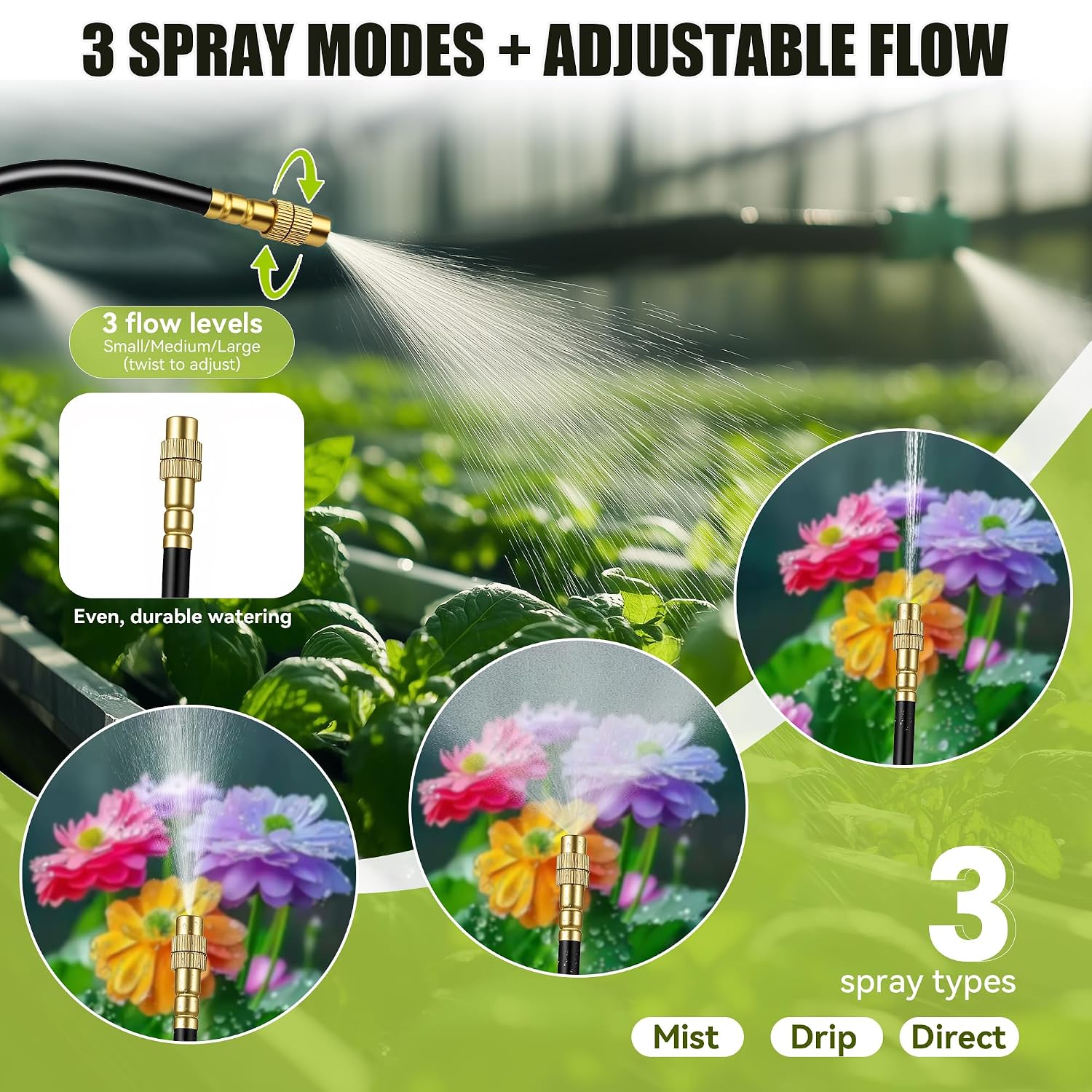 50FT 360° Adjustable Drip Irrigation System Garden Watering System with 12 Nozzles Plant Watering Devices Misting System Greenhouse Accessories for Yard, Lawn