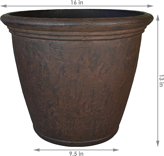 Sunnydaze 15.25-Inch Anjelica Large Plastic Pot for Plants - Outdoor Double-Walled Large Plastic Planter with Drillable Drainage Holes - Rust - 2pk