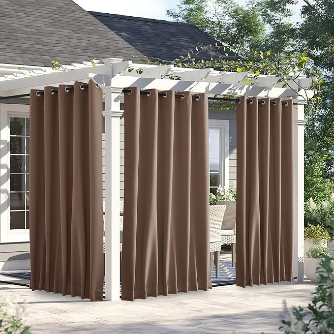 NICETOWN 2 Panels Weighted Blackout Outdoor Curtains for Patio Waterproof, Grommet & Back Tab on Top & Bottom Windproof Sound/Light Blocking for Porch with Bouns Rope for Fixed, Tan, W66 x L84