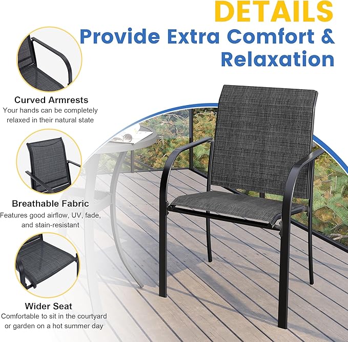 VICLLAX Large Patio Dining Furniture Set, Outdoor Dining Set for 10-60" Round Outdoor Table and Patio Stackable Chairs, Grey Wood-Like Tabletop and Dark Grey Fabric