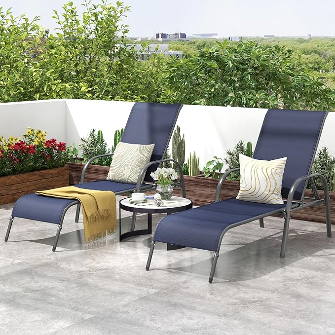 Giantex 2 Pack Patio Lounge Chair, Outdoor Chaise Lounge with 5 Adjustable Backrest, Sturdy Steel Frame, Sunbathing Recliner, Beach Chair, Tanning Chair for Outside, Yard, Balcony, Pool Chairs, Navy