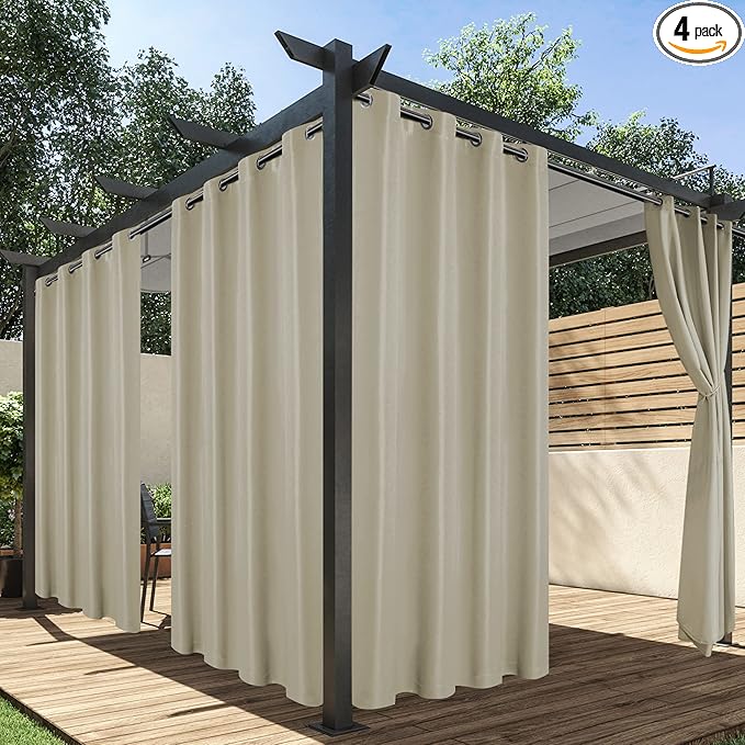 HolidayIdeas Outdoor Curtains for Patio Waterproof, 4 Panels - 54 x 120 Inch - Privacy Protection & Light Filtering Curtains Taupe Grommet Outside Curtains for Porch, Gazebo, Pergola, Backyard