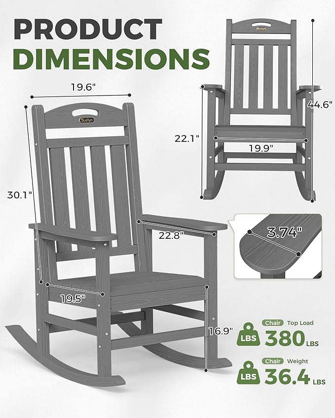 Oversized Outdoor Rocking Chairs Set of 2, High Back Porch Rocker Chair, HDPE Rocking Chairs for Patio, Living Room, Light Grey