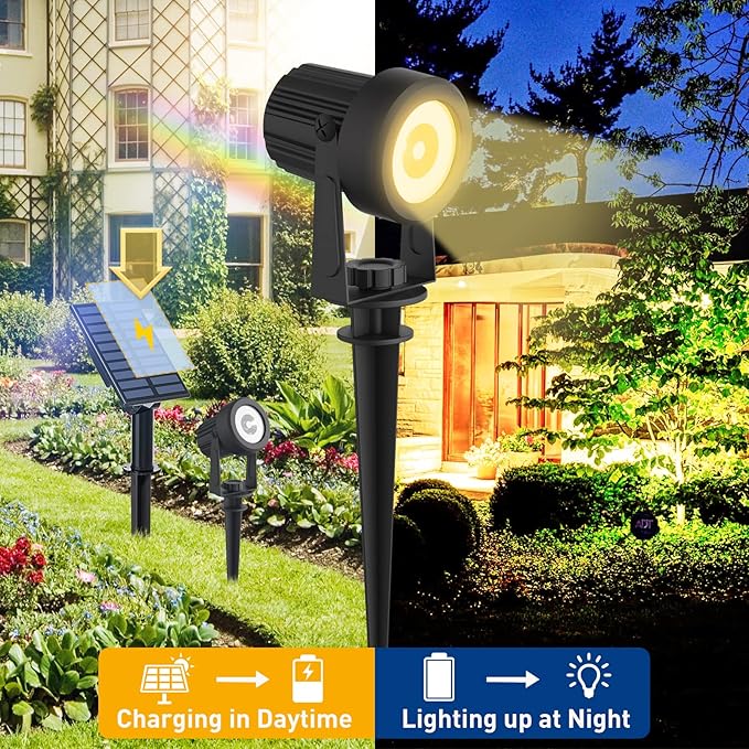 T-SUNUS Christmas Solar Landscape Spotlights 2 Pack Warm White 3000K, IP65 Waterproof Spot Lights 9.8ft Cable, Outdoor Halloween Garden Light Separated Panel for Tree Flag Yard Driveway Walkway Pool