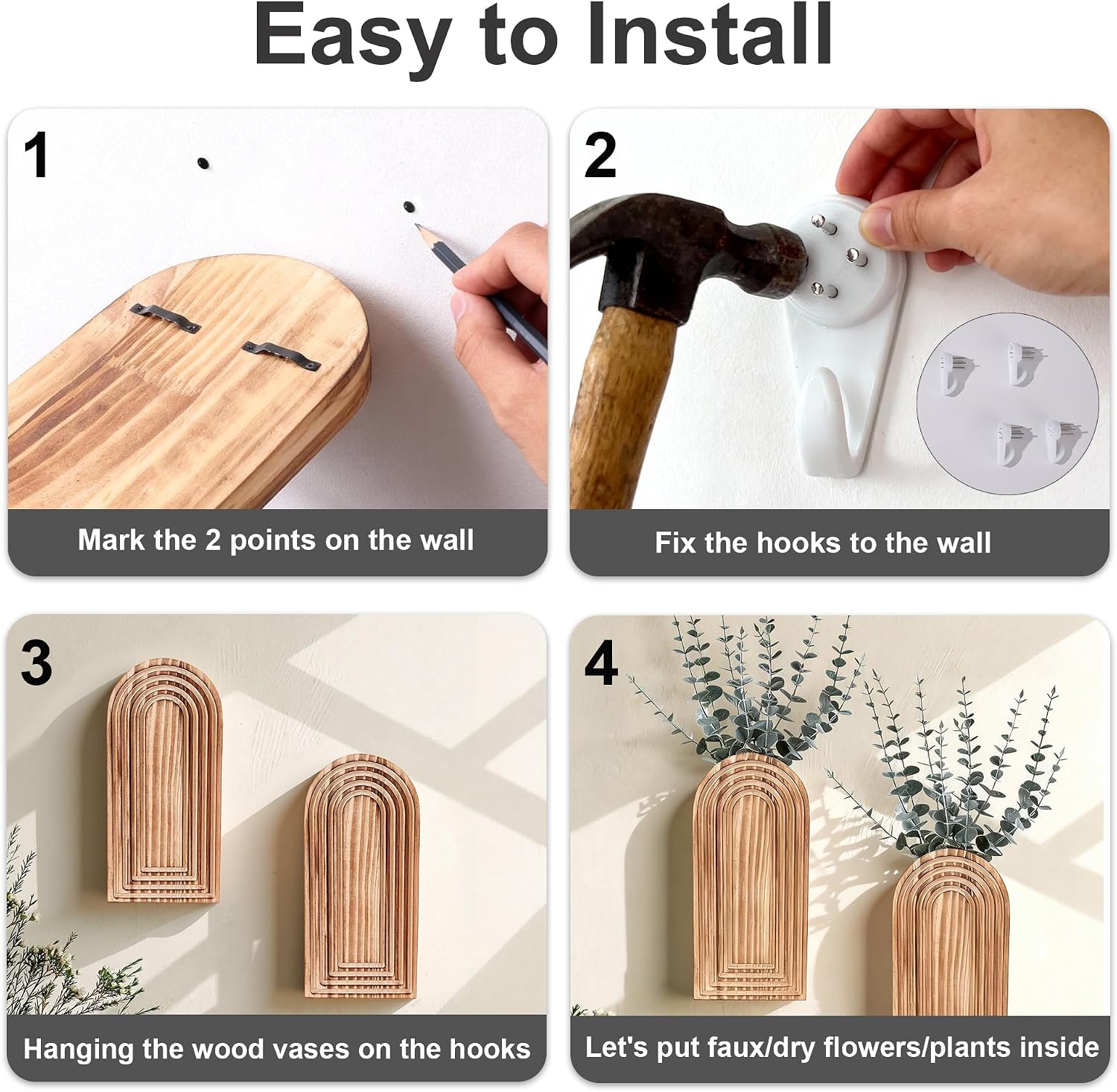 DREAMLOOM 2 Pack Wooden Wall Vases with Eucalyptus Artificial Plants, Wall Hanging Planters Boho Modern Farmhouse Indoor for Narrow Spaces Entryway Bathroom Home Office Decoration, Brown