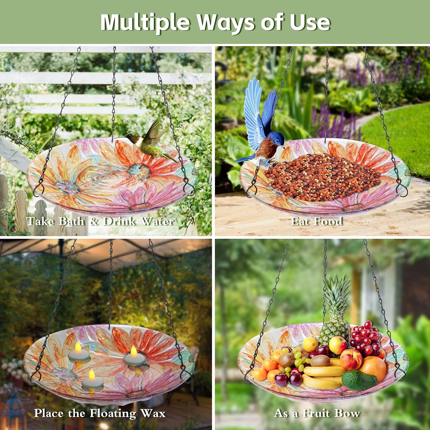 Hanging Bird Bath Outdoors Glass Bird Water Bowl Feeder Garden Decor | 12 Inch Hanging Bird Baths for Outside, Watercolour Daisy Glass Bird Water Bowl Bird Feeders for Garden, Lawn Yard Decor