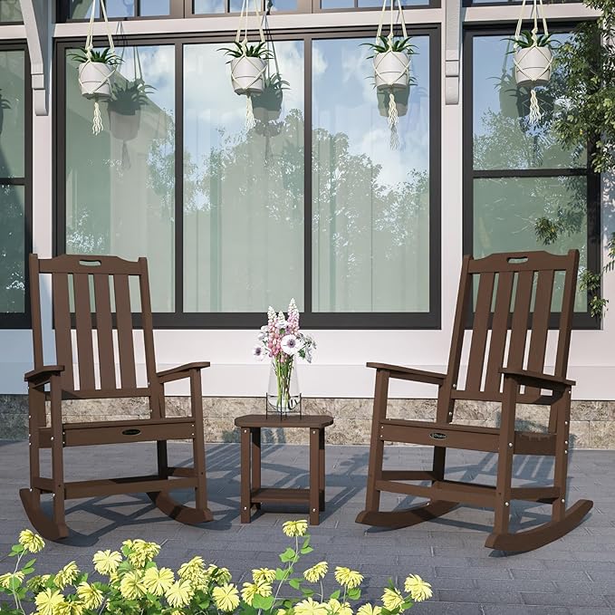 Oversized Rocking Chair Set of 4, Outdoor Rocking Chair for Adults, All Weather Resistant Porch Rocker for Lawn Garden, Brown
