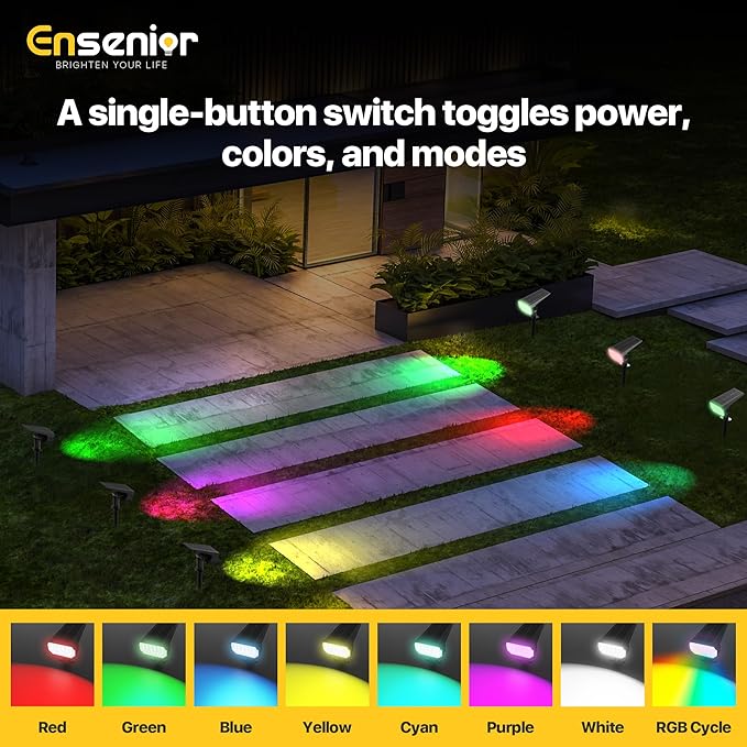 Ensenior Solar Spotlights Outdoor RGB, 7+1 Color Changing Mode Outdoor Landscape Lighting, IP65 Waterproof, Automatic ON/Off Solar Powered Spotlight, Halloween Christmas Decorations (4-Pack)