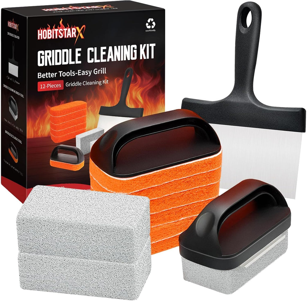 Griddle Cleaning Kit for Blackstone, Heavy-Duty Scraper & Ergonomic Handles | Non-Scratch Scouring | Flat Top Griddles | Cast Iron | Ovens & BBQ Surfaces | Removes Stubborn Grease Easily