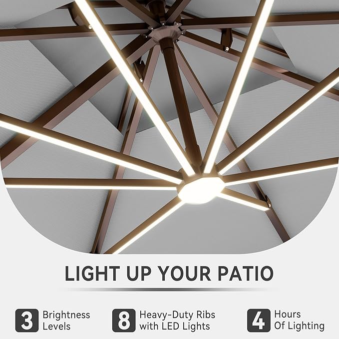 10 X 13 FT Cantilever Outdoor Patio Umbrella with Base Included Large Heavy Duty 360° Rotation Double Top Offset Rectangular Umbrellas with Led Lights for Backyard Outside Deck,Fog Grey